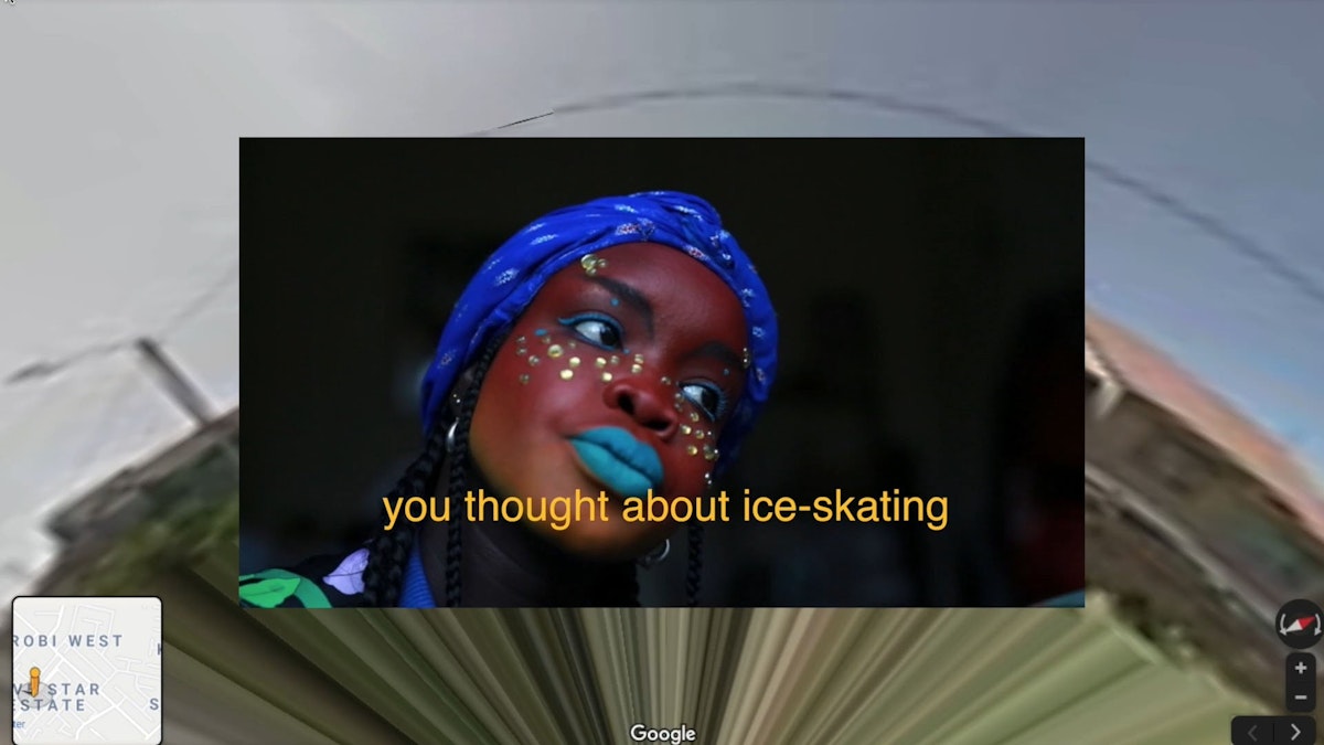 A warped screen grab of google images is overlaid with a frame of a person singing or talking. In the overlaid image, a person with a blue headscarf, baby blue lipstick and face jewels looks to the side. Yellow subtitles read "you thought about ice-skating"